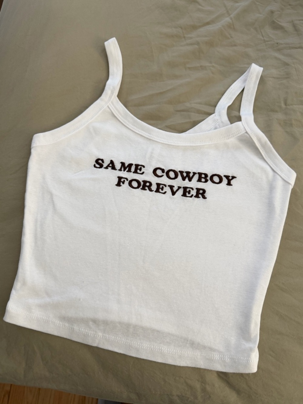 Bella Canvas White Spaghetti Strap Tank with Brown Text